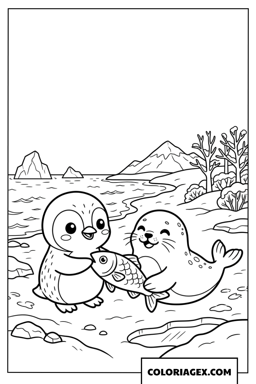 Dessin pingouin partageant un poisson avec un phoque