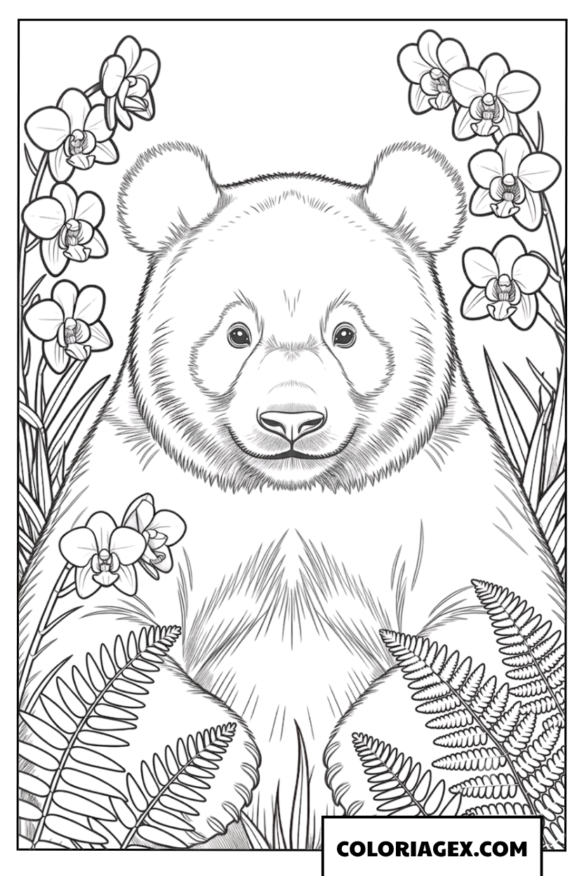 Dessin portrait de panda entouré de fleurs orchidées et fougères