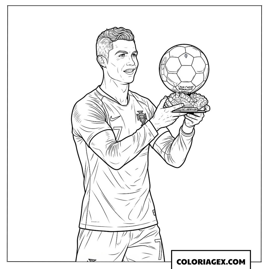 Dessin réaliste de Ronaldo tenant son trophee d or à colorier