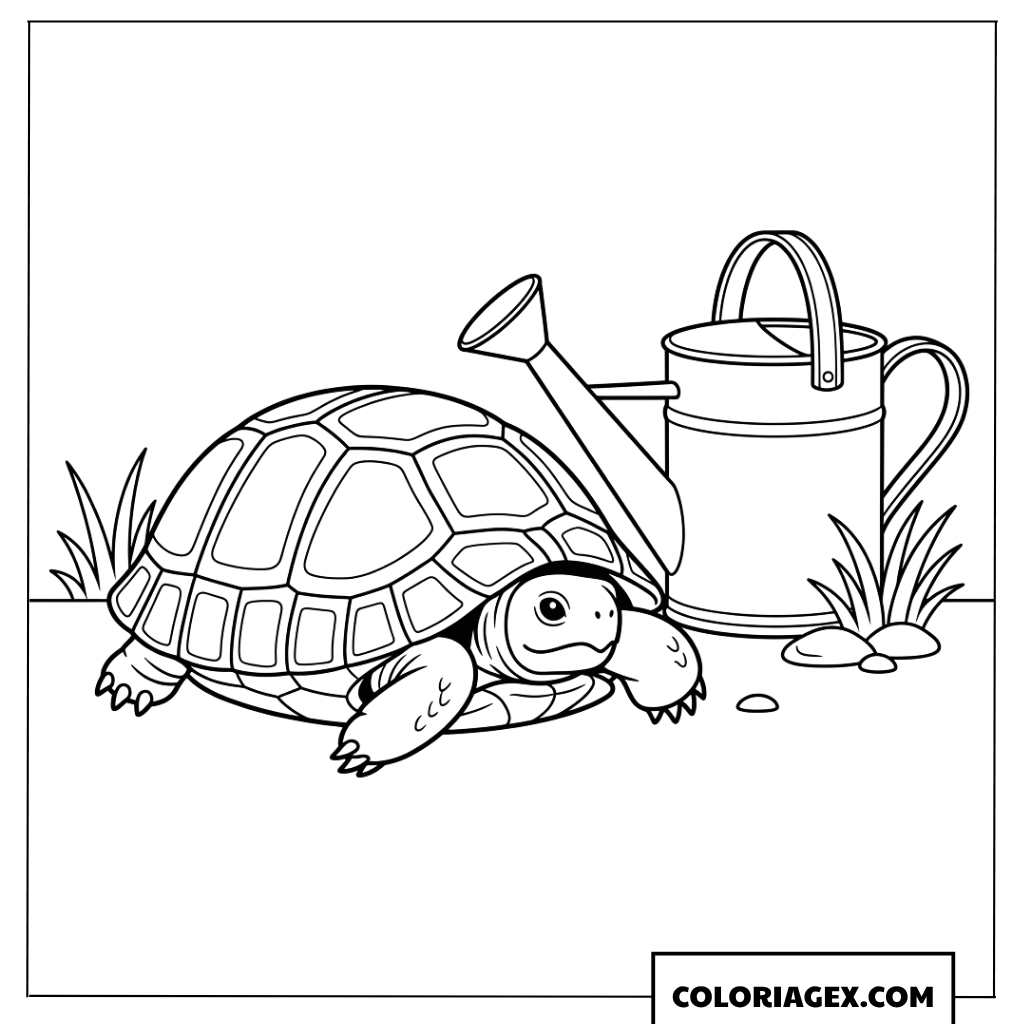 Dessin tortue de jardin avec un arrosoir traditionnel