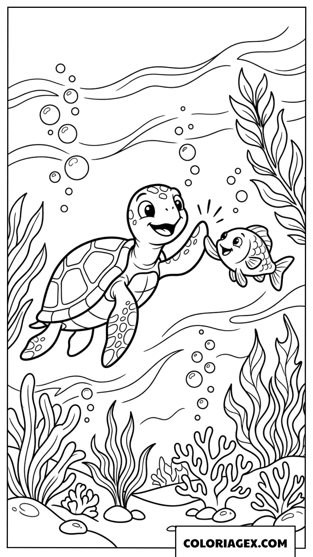 Dessin tortue marine et poisson se donnant un high five pour coloriage