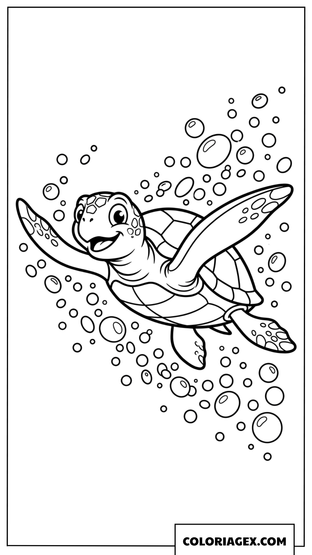 Dessin tortue marine nageant parmi les bulles pour coloriage