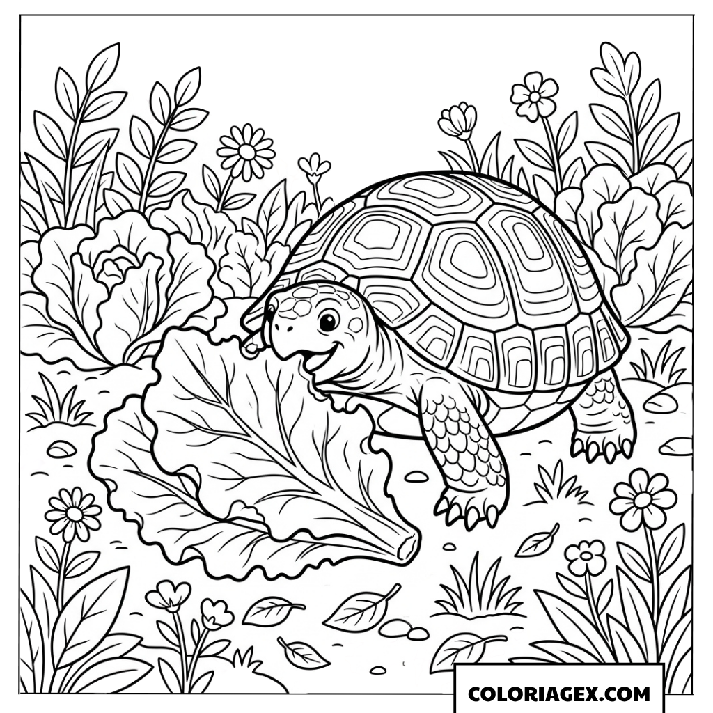 Dessin tortue terrestre mangeant de la salade dans le jardin