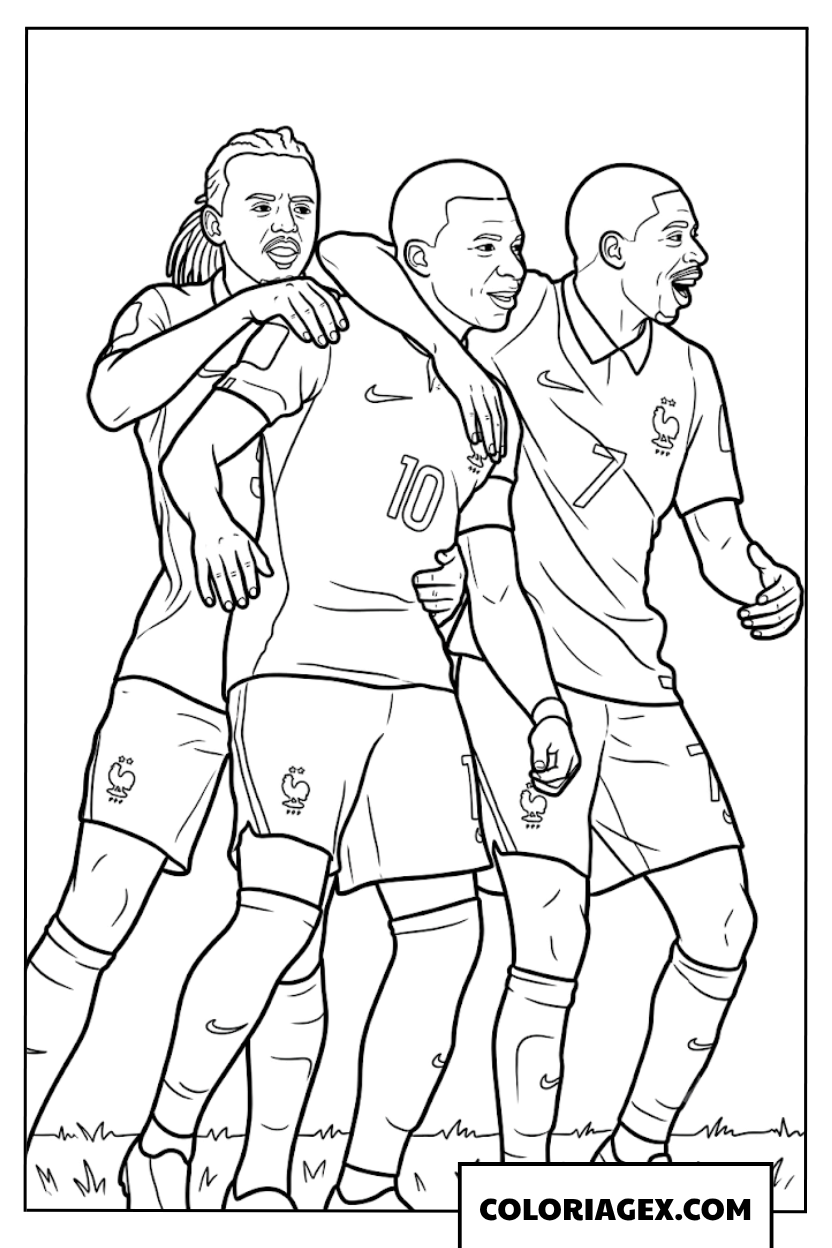Dessin trois joueurs de foot francais celebrant un but