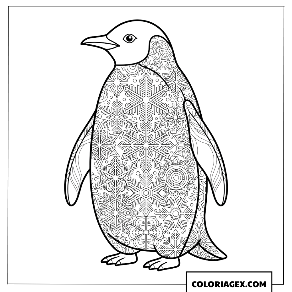 Dessin un manchot avec motifs mandala de flocons de neige à colorier