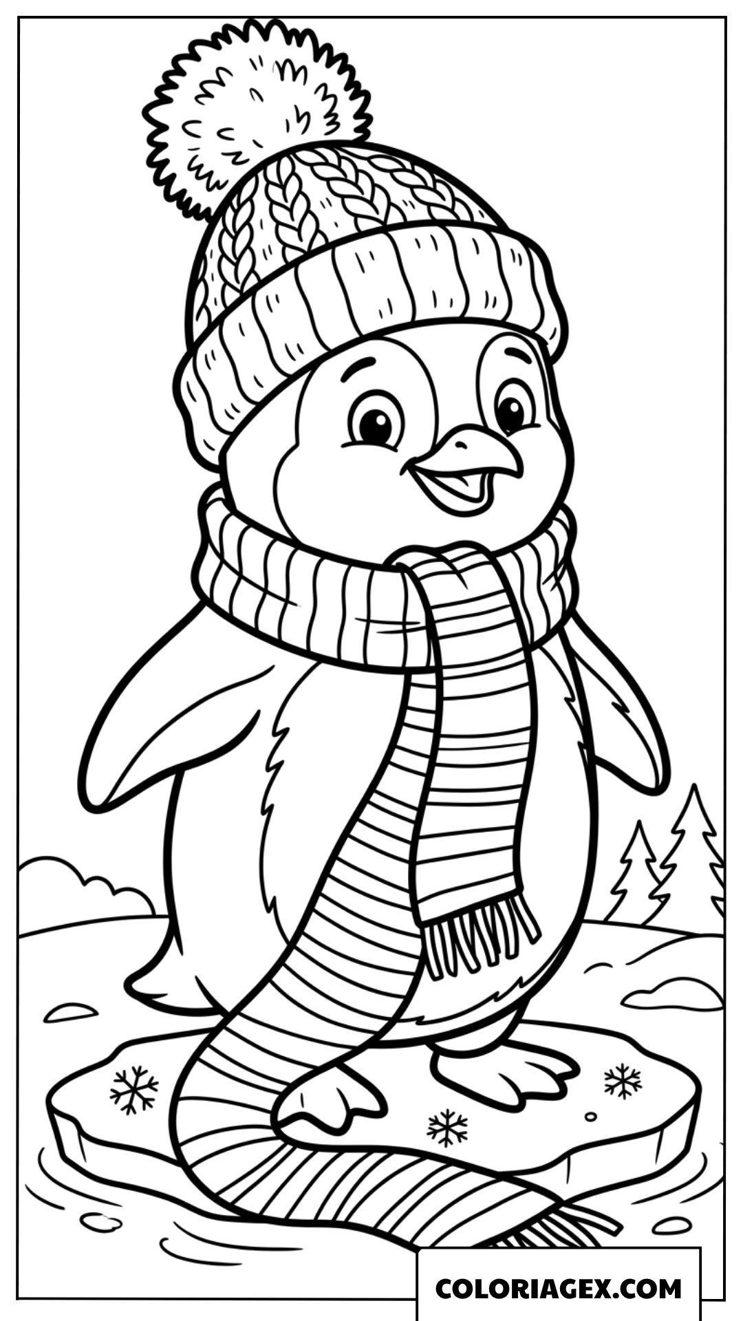Dessin un petit pingouin avec bonnet et écharpe à colorier