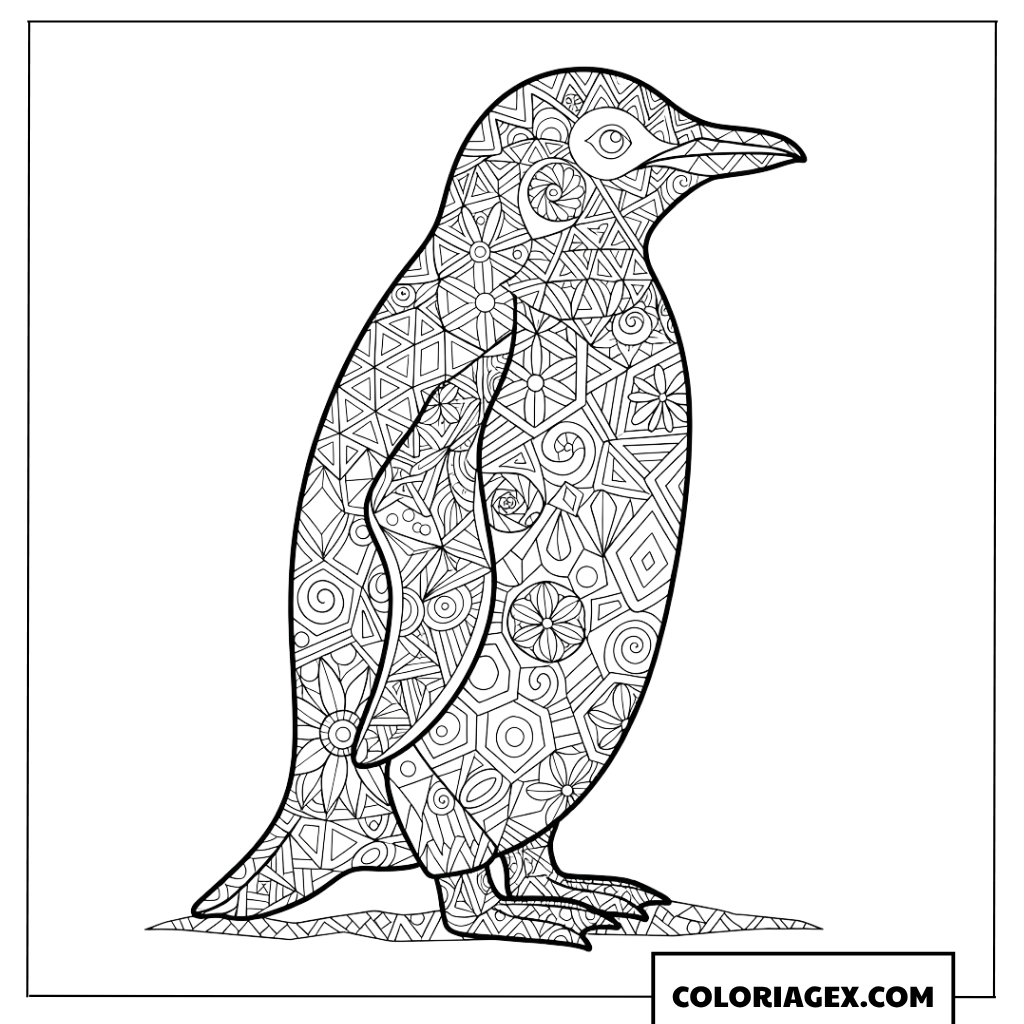 Dessin un pingouin aux motifs géométriques style mandala à colorier