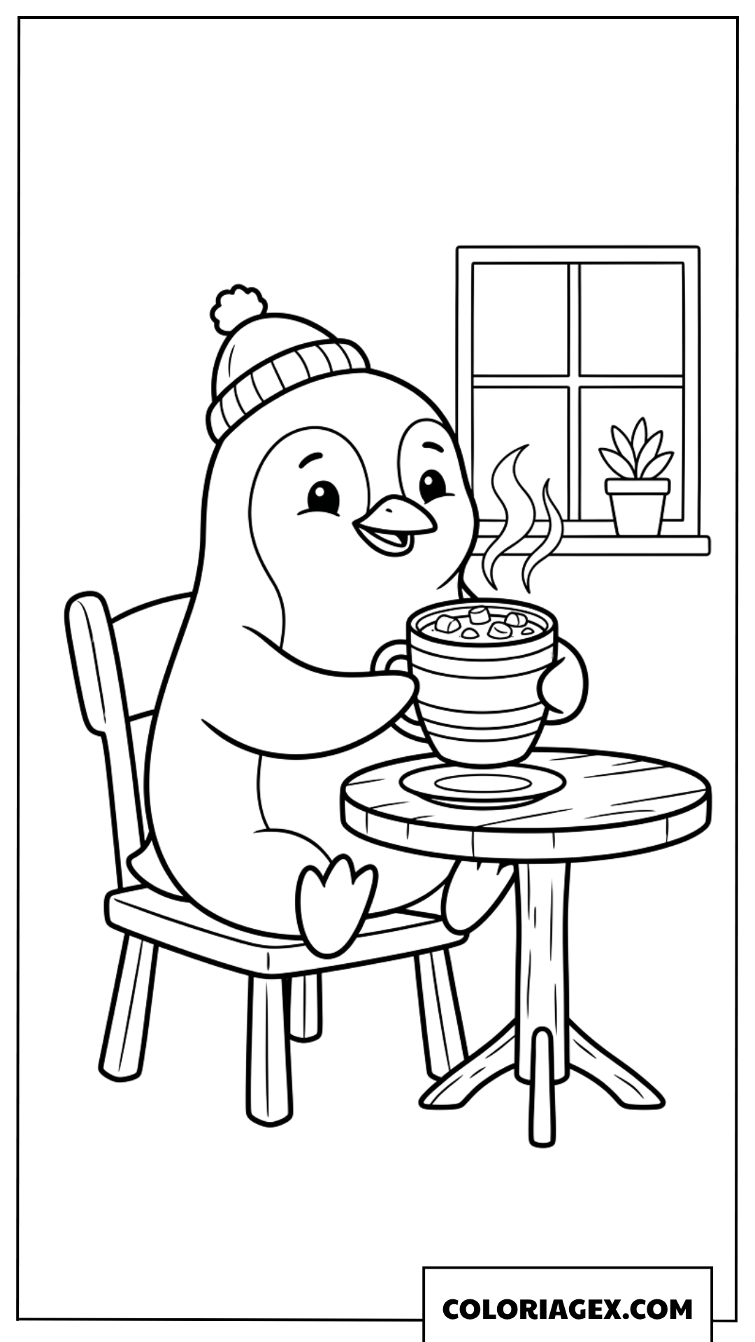 Dessin un pingouin buvant un chocolat chaud près de la fenêtre
