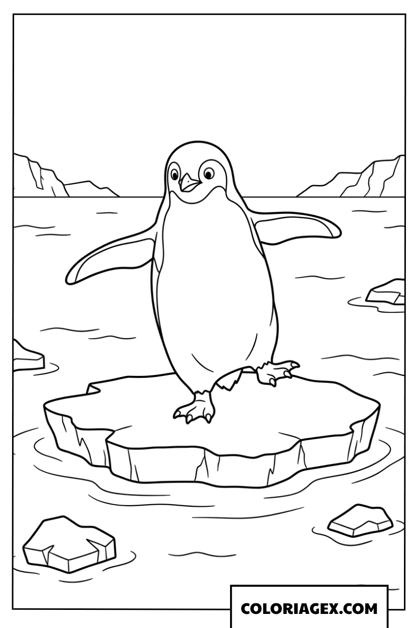 Dessin un pingouin en équilibre sur un morceau de glace flottant