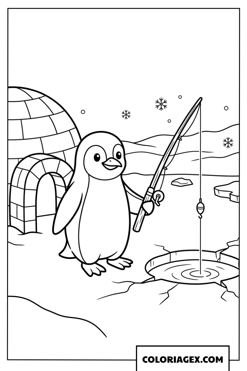 Dessin un pingouin mignon qui pêche près de son igloo à colorier