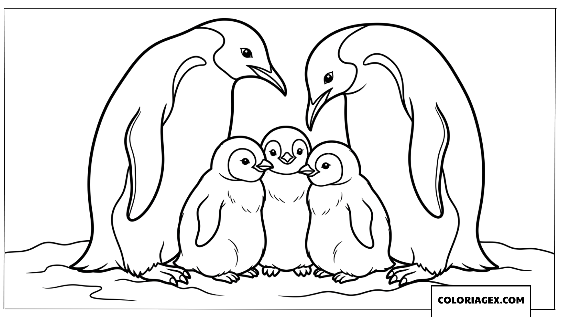 Dessin une famille de manchots blottis les uns contre les autres à colorier