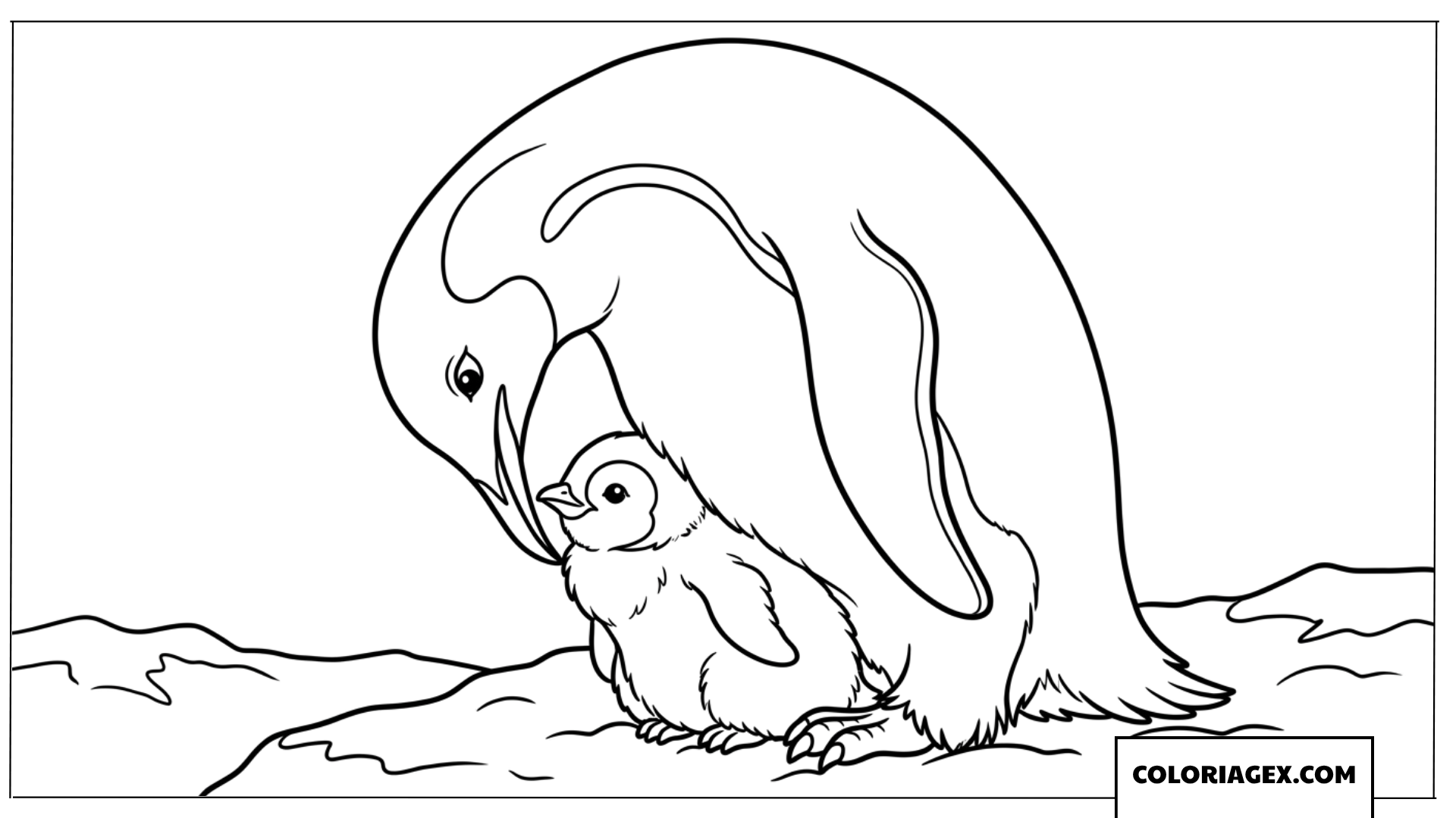 Dessin une maman manchot câlinant tendrement son petit poussin à colorier