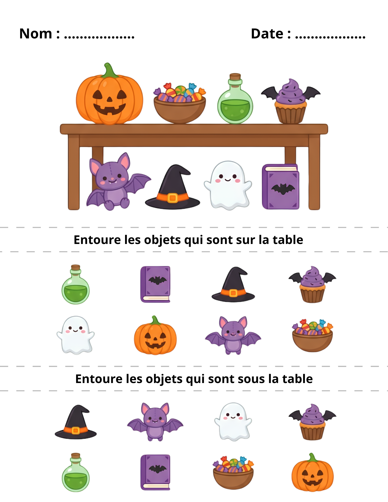 Jeu Halloween Maternelle à Imprimer Sur ou Sous la Table  Niveau 1