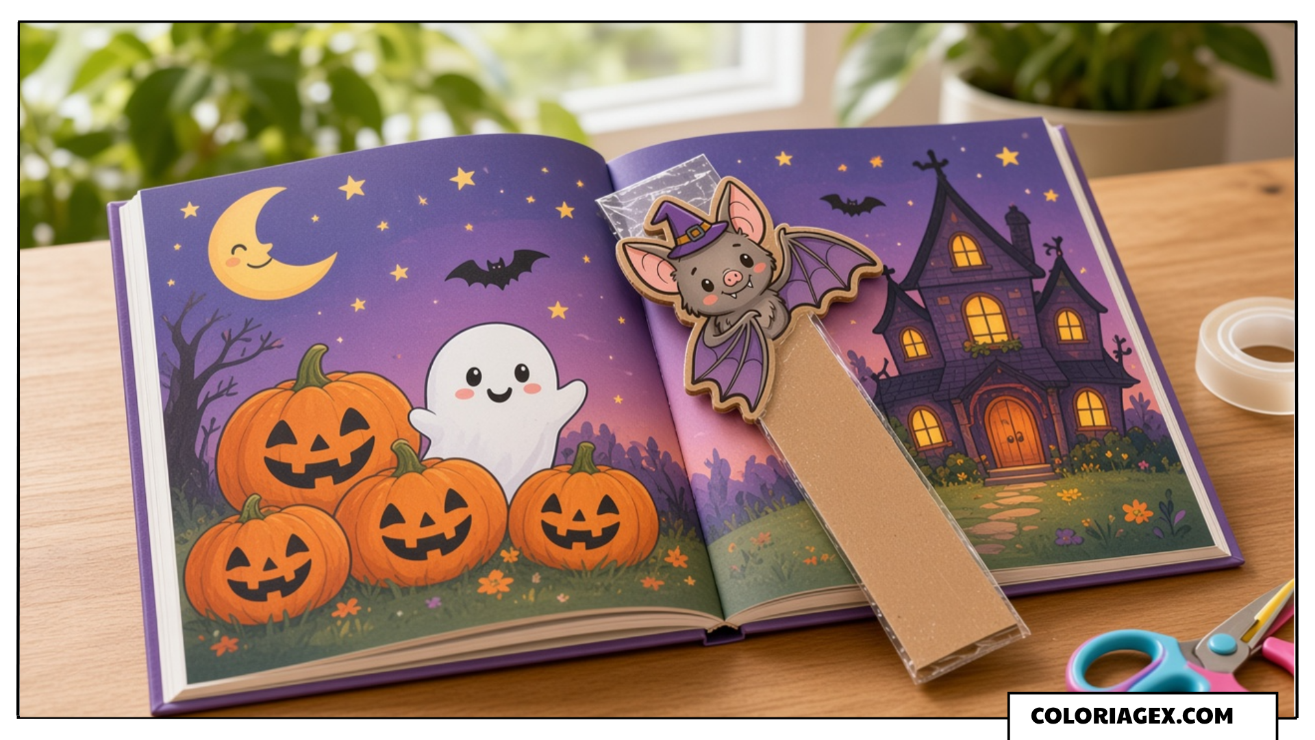 Marque-page Chauve-souris Coloriée sur un Livre d’Halloween