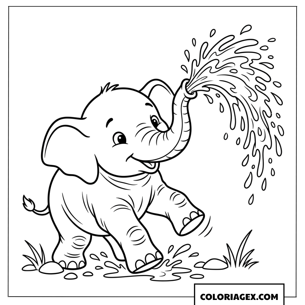 Coloriage bebe elephant s'amusant a projeter de l'eau