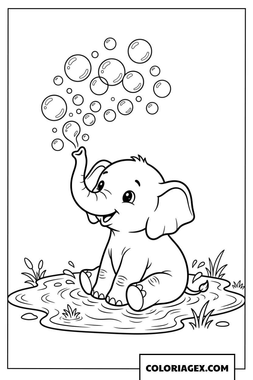 Coloriage bebe elephant soufflant de jolies bulles d'eau