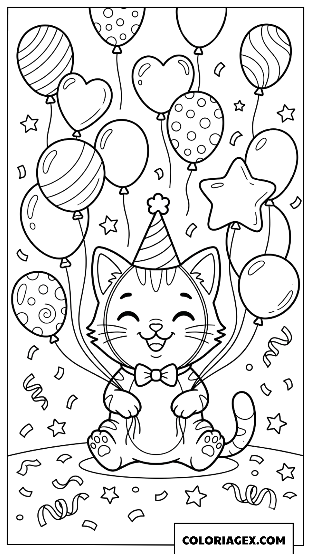 Coloriage chaton joyeux avec des ballons de fete