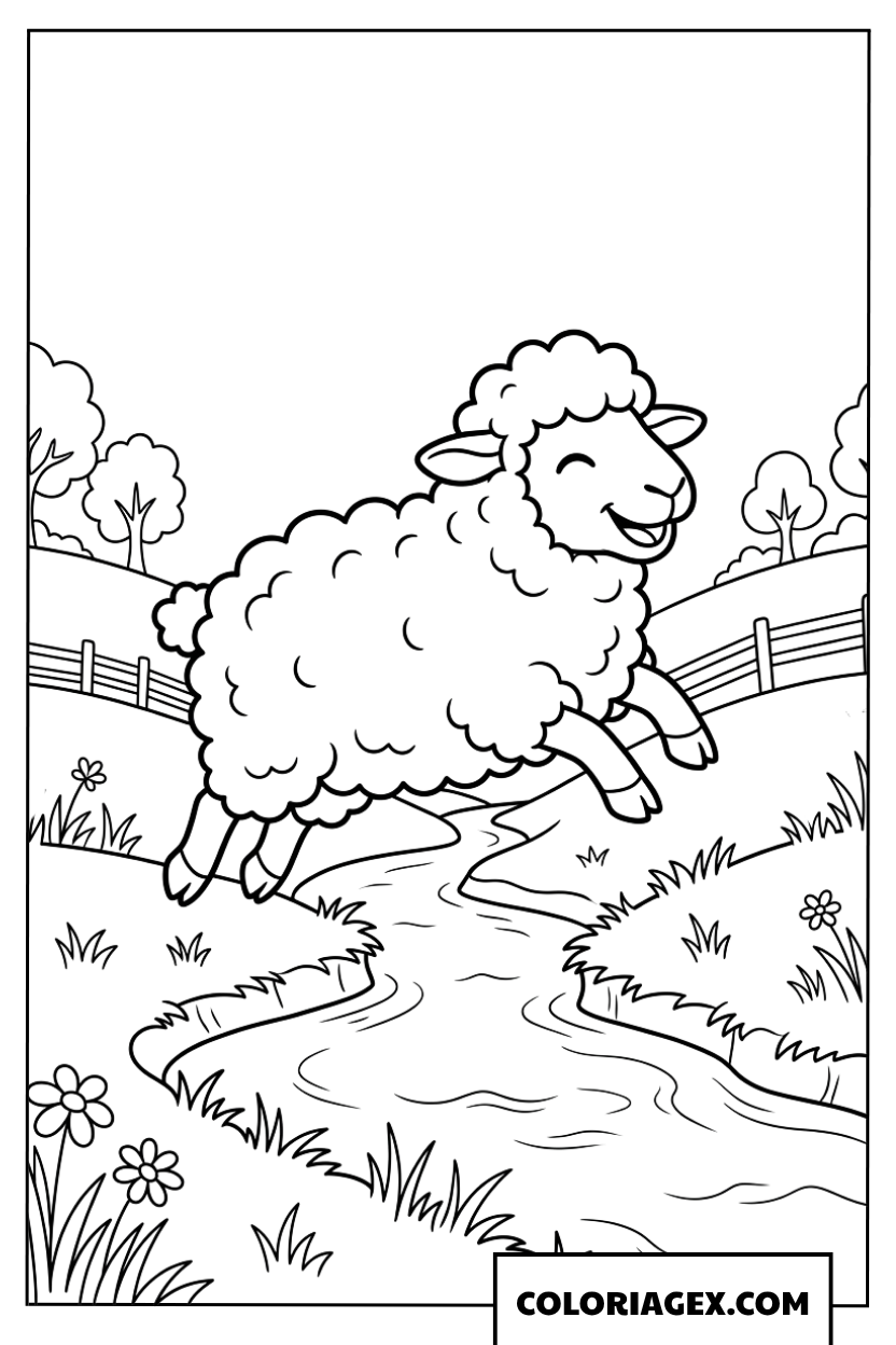 Coloriage d un mouton sautant par-dessus un ruisseau a la ferme