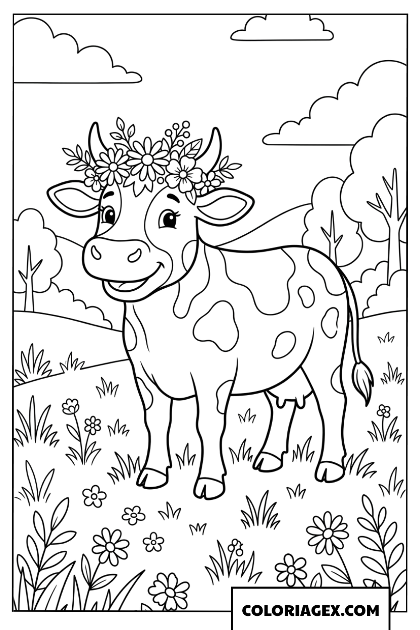 Coloriage d une vache souriante avec une couronne de fleurs