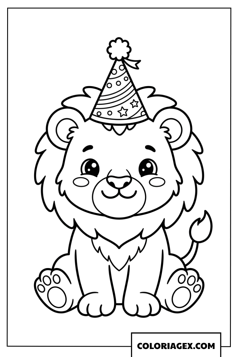 Coloriage de bebe lion portant un chapeau d'anniversaire