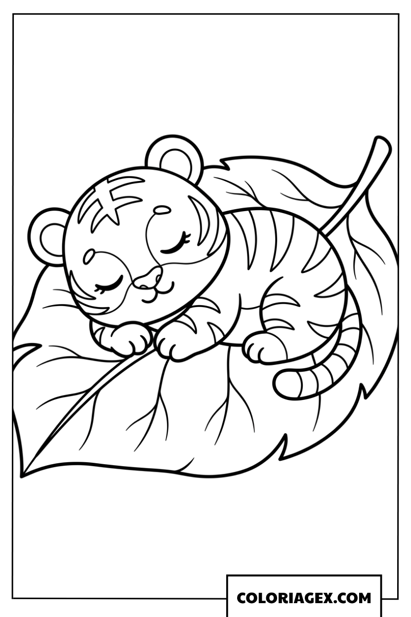 Coloriage de bebe tigre dormant paisiblement sur une grande feuille