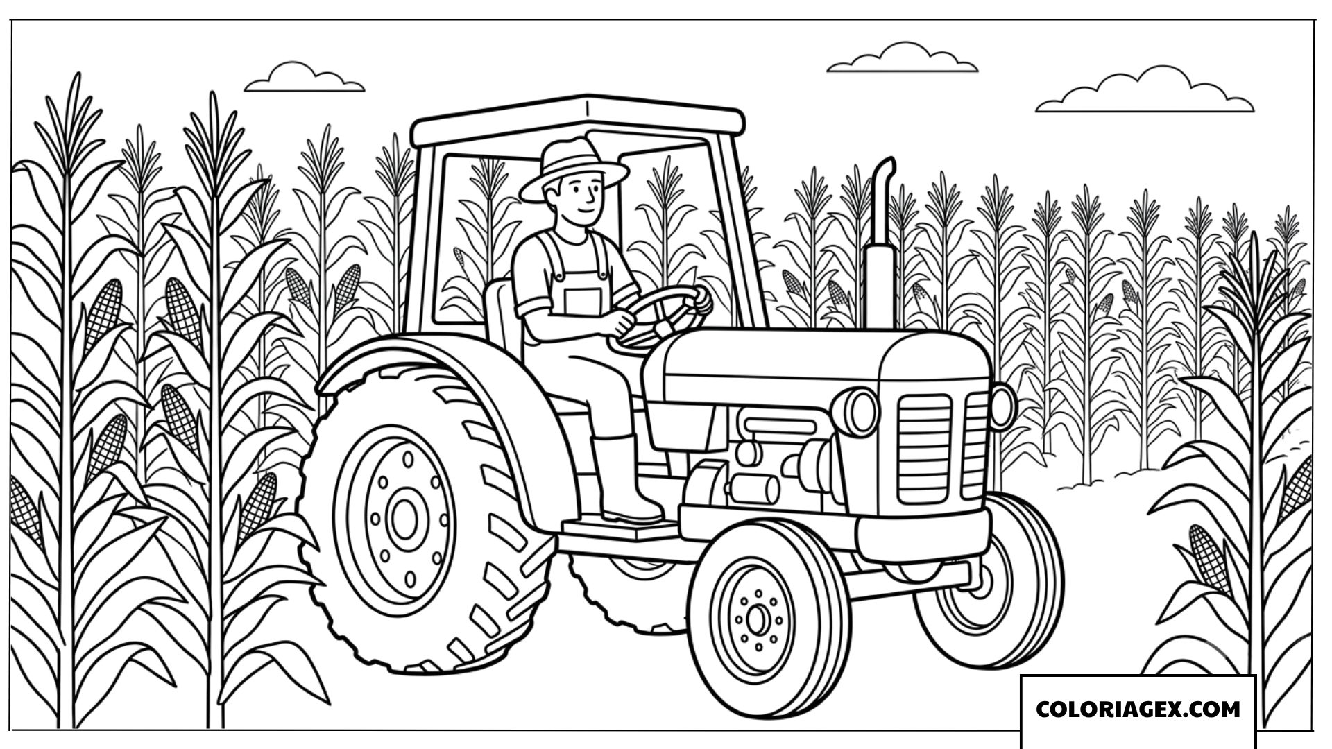 Coloriage de fermier conduisant un tracteur de mais