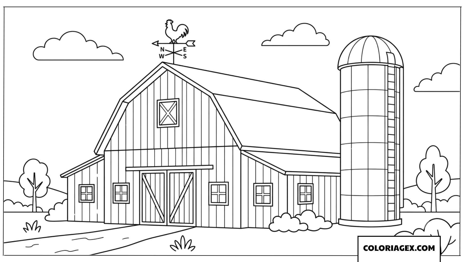 Coloriage de la grange en bois avec un silo a grain a la ferme