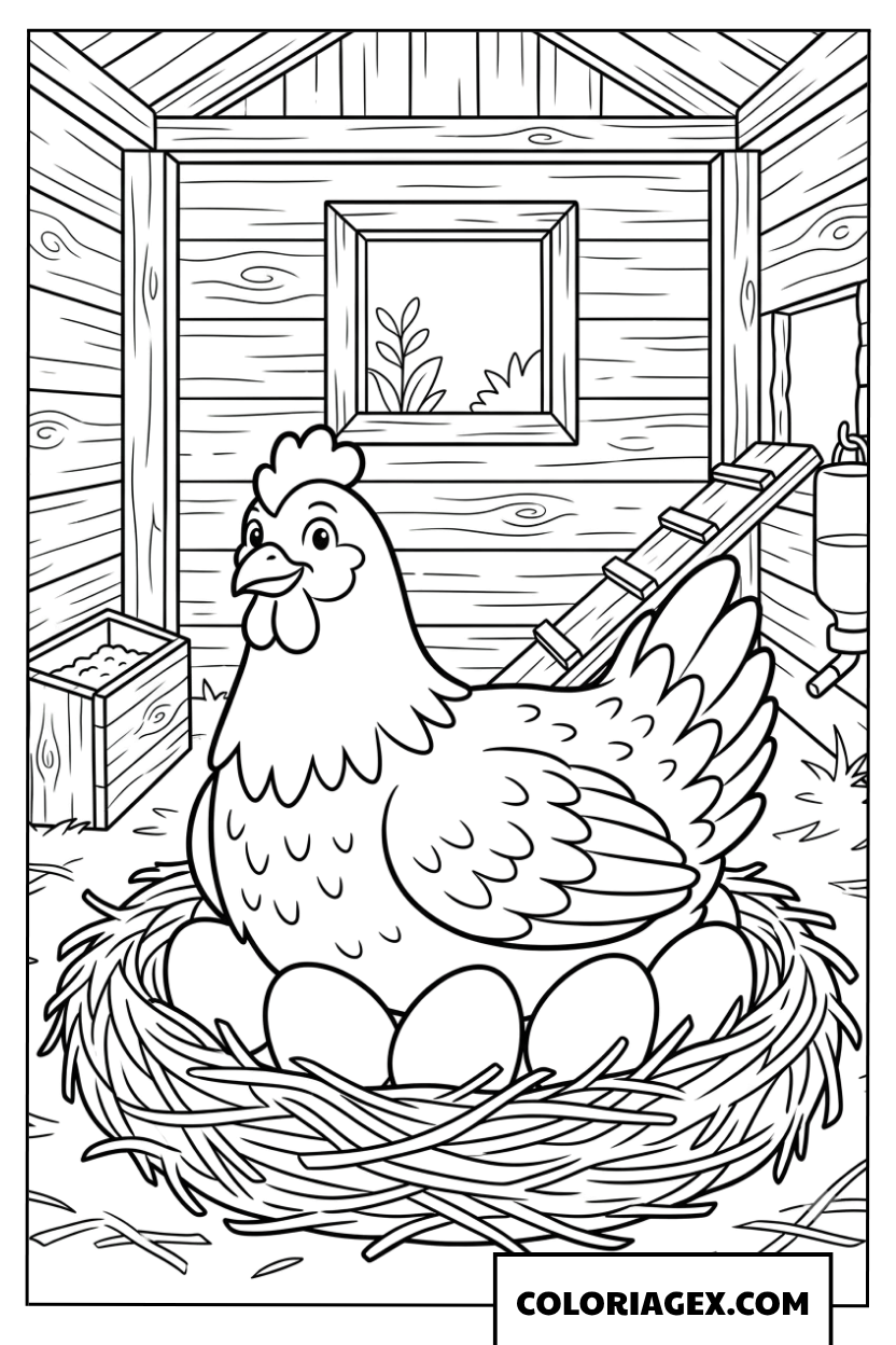 Coloriage de la poule qui couve ses oeufs dans le poulailler