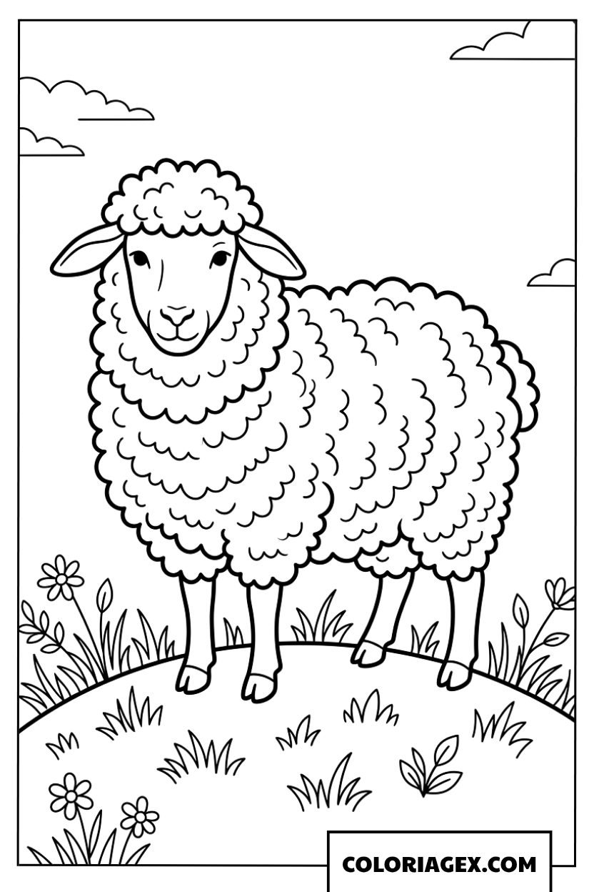 Coloriage de mouton debout sur une colline herbeuse