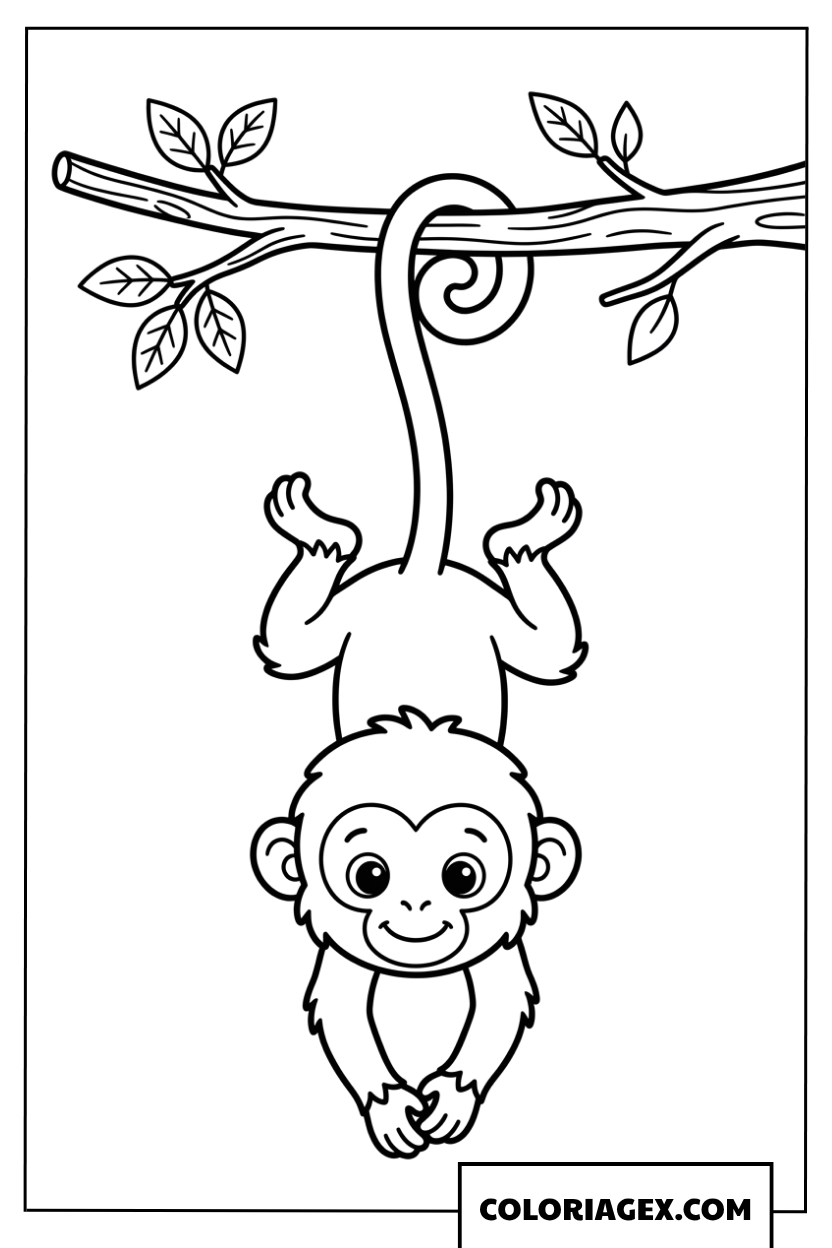 Coloriage de petit singe accroche a l'envers a une branche