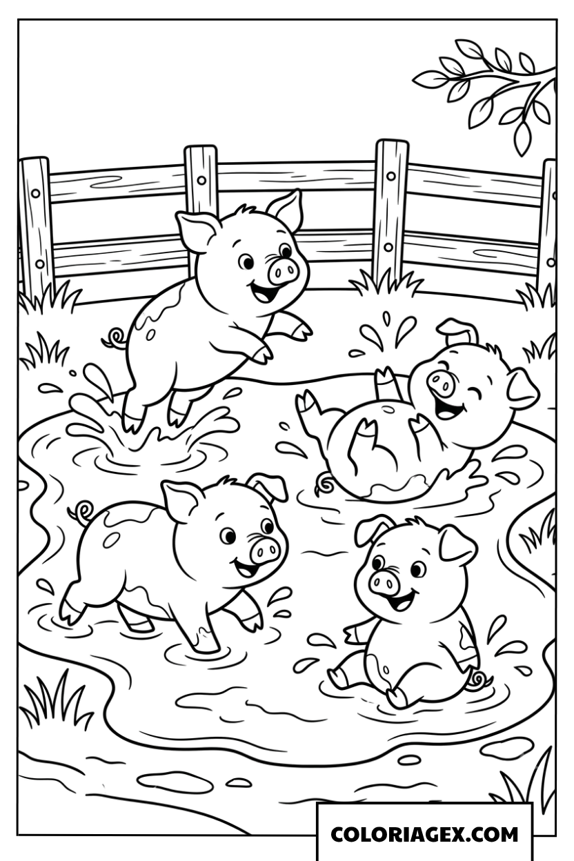 Coloriage de petits cochons jouant dans la boue a la ferme