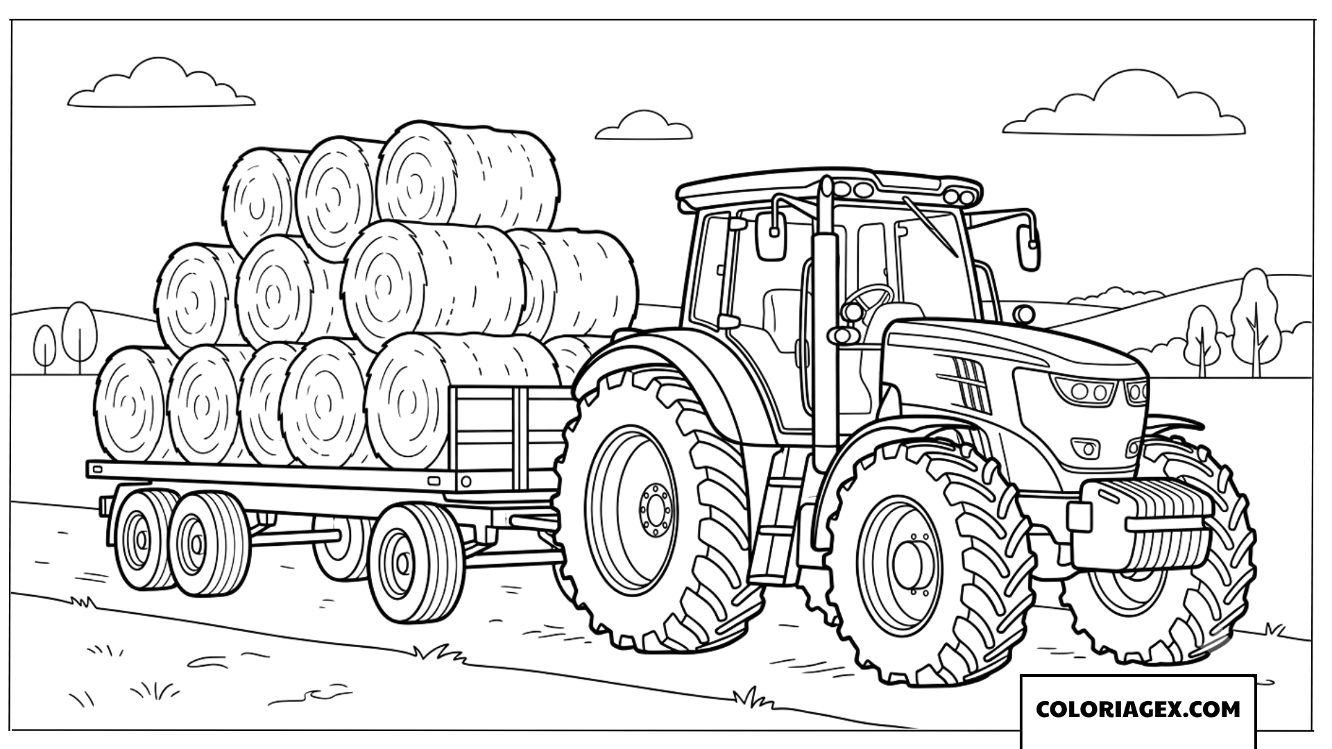 Coloriage de tracteur tirant une remorque de foin