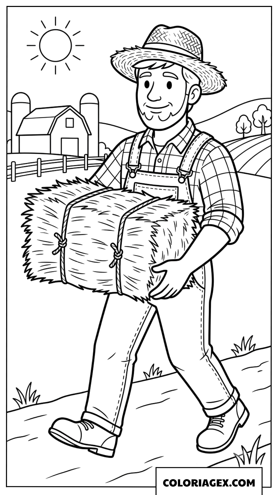 Coloriage du fermier portant une botte de foin dans la ferme