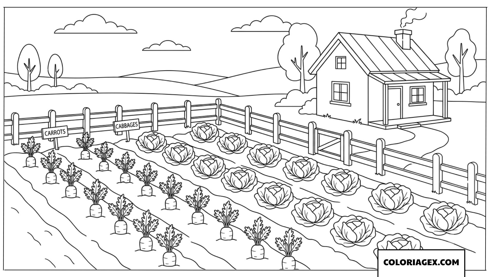 Coloriage du jardin potager de legumes avec une maison de ferme