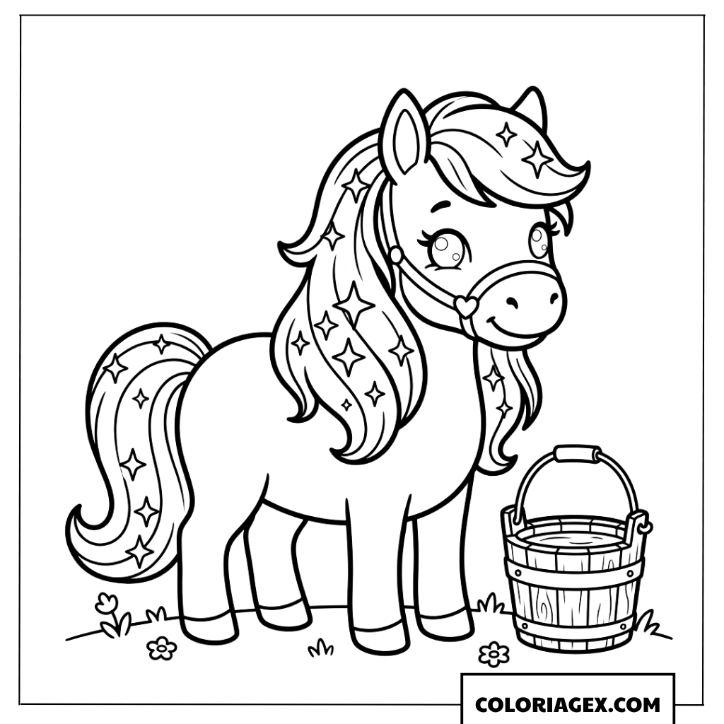Coloriage du petit cheval mignon avec un seau d eau dans la ferme