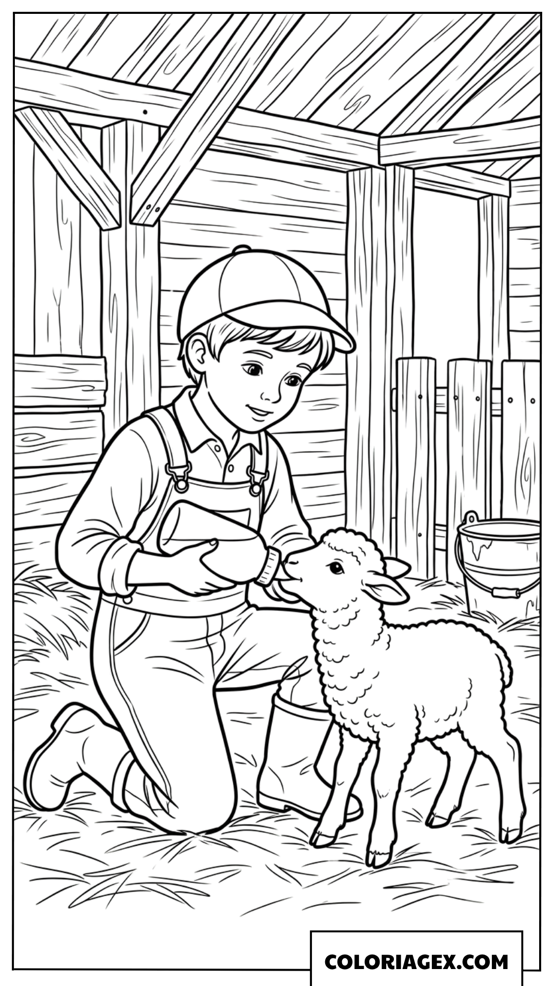 Coloriage du petit garcon nourrissant un agneau avec un biberon
