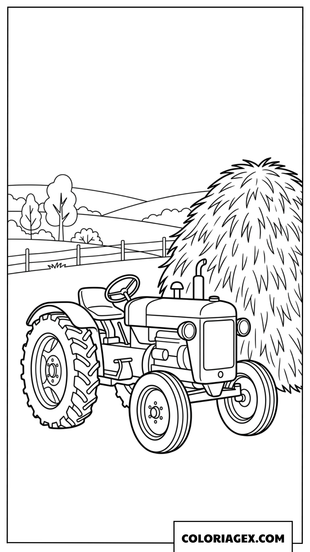 Coloriage du tracteur gare a cote de la botte de paille dans la ferme