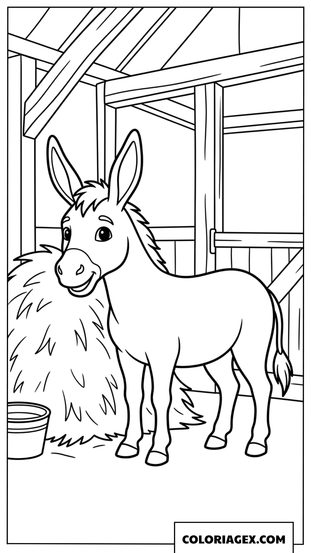 Coloriage d'un ane debout pres d'une botte de foin