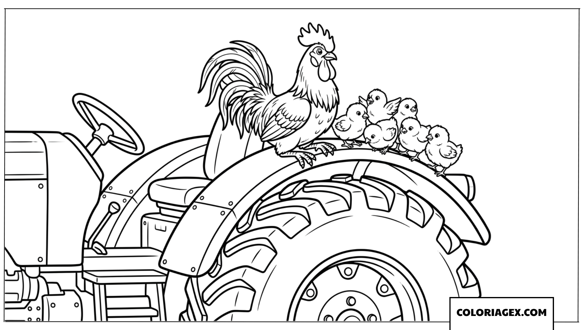 Coloriage d'un coq et de poussins sur un tracteur