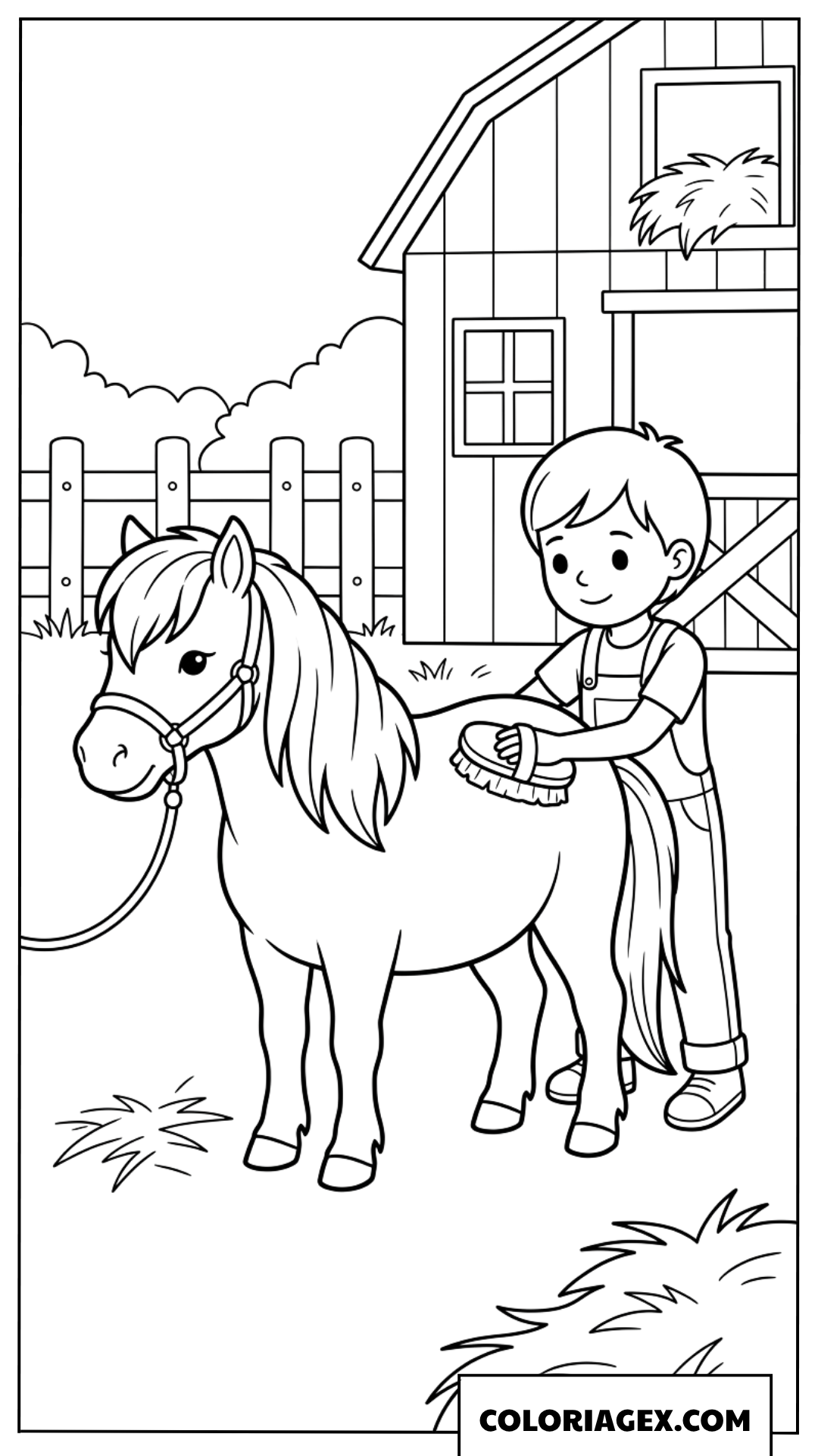 Coloriage d'un enfant brossant un joli poney