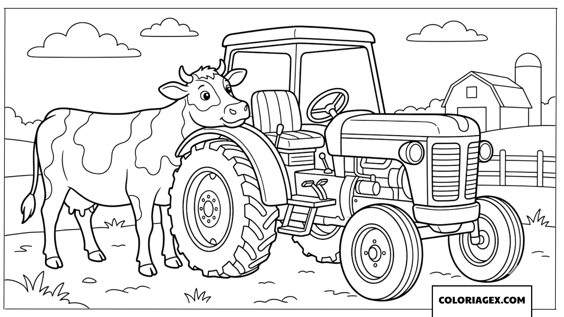 Coloriage d'un tracteur et d'une vache mignonne
