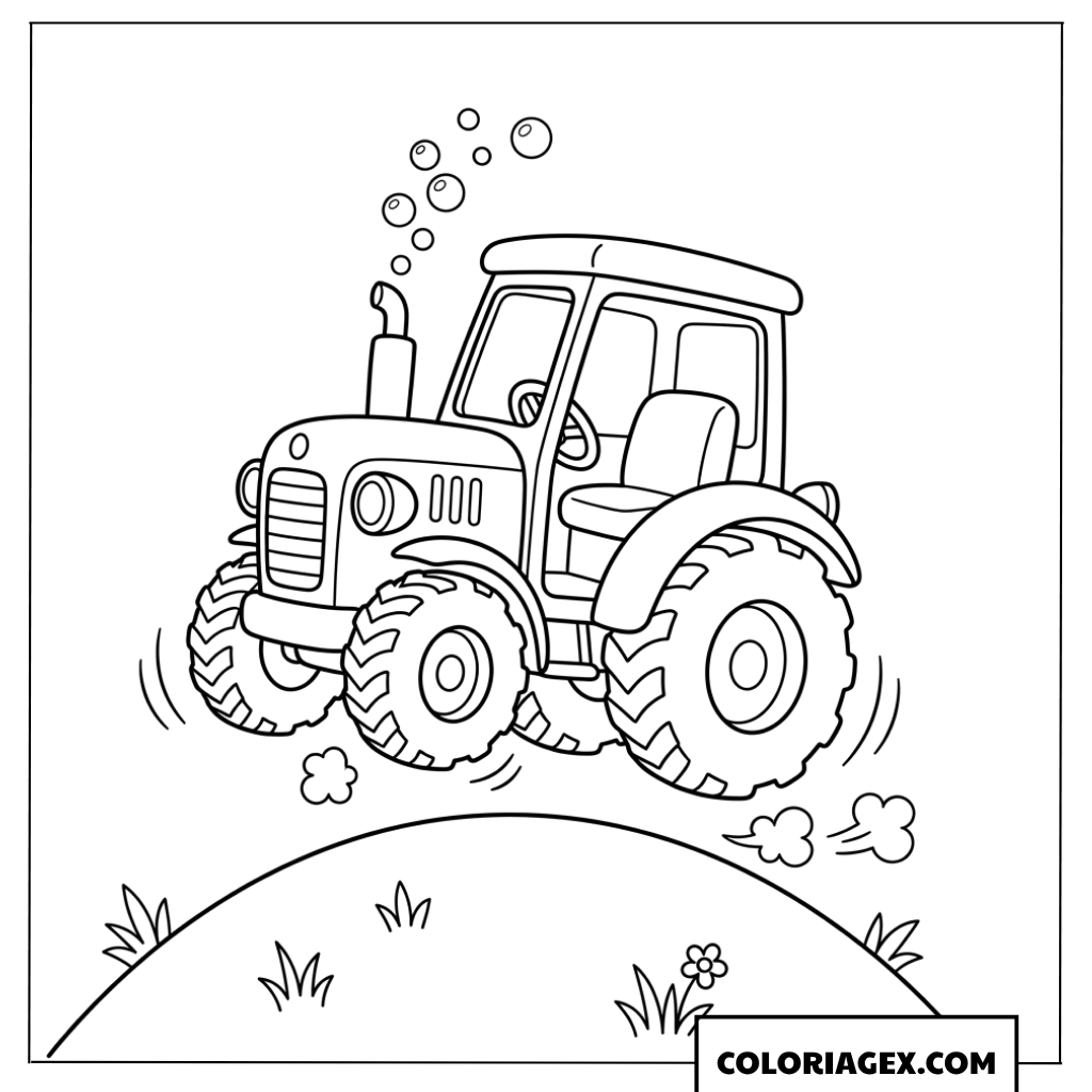 Coloriage d'un tracteur sautant sur une colline