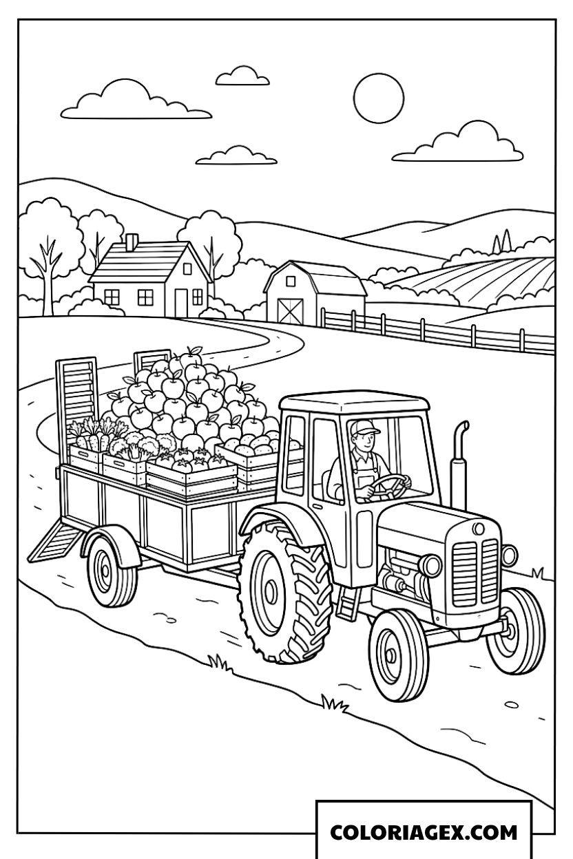 Coloriage d'un tracteur transportant des pommes et des légumes