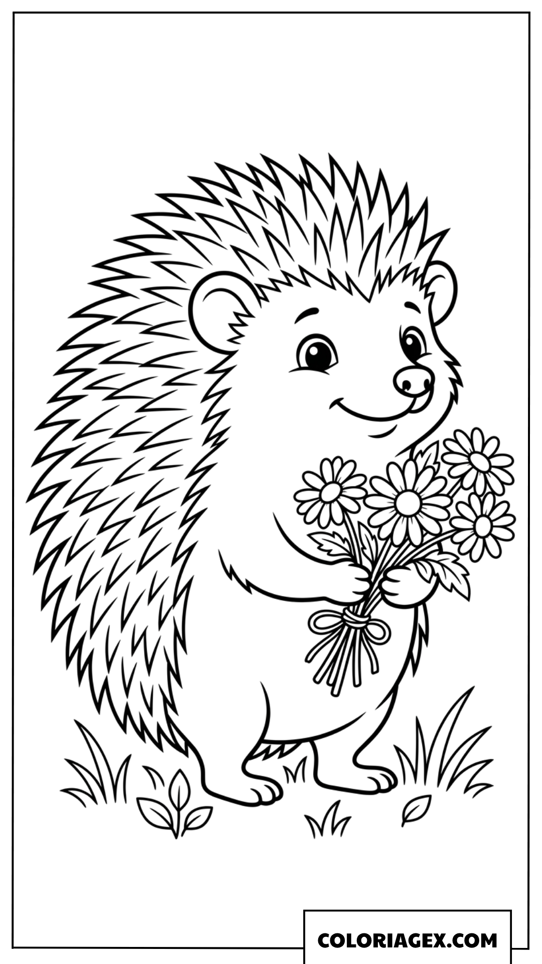 Coloriage herisson mignon tenant un bouquet de fleurs