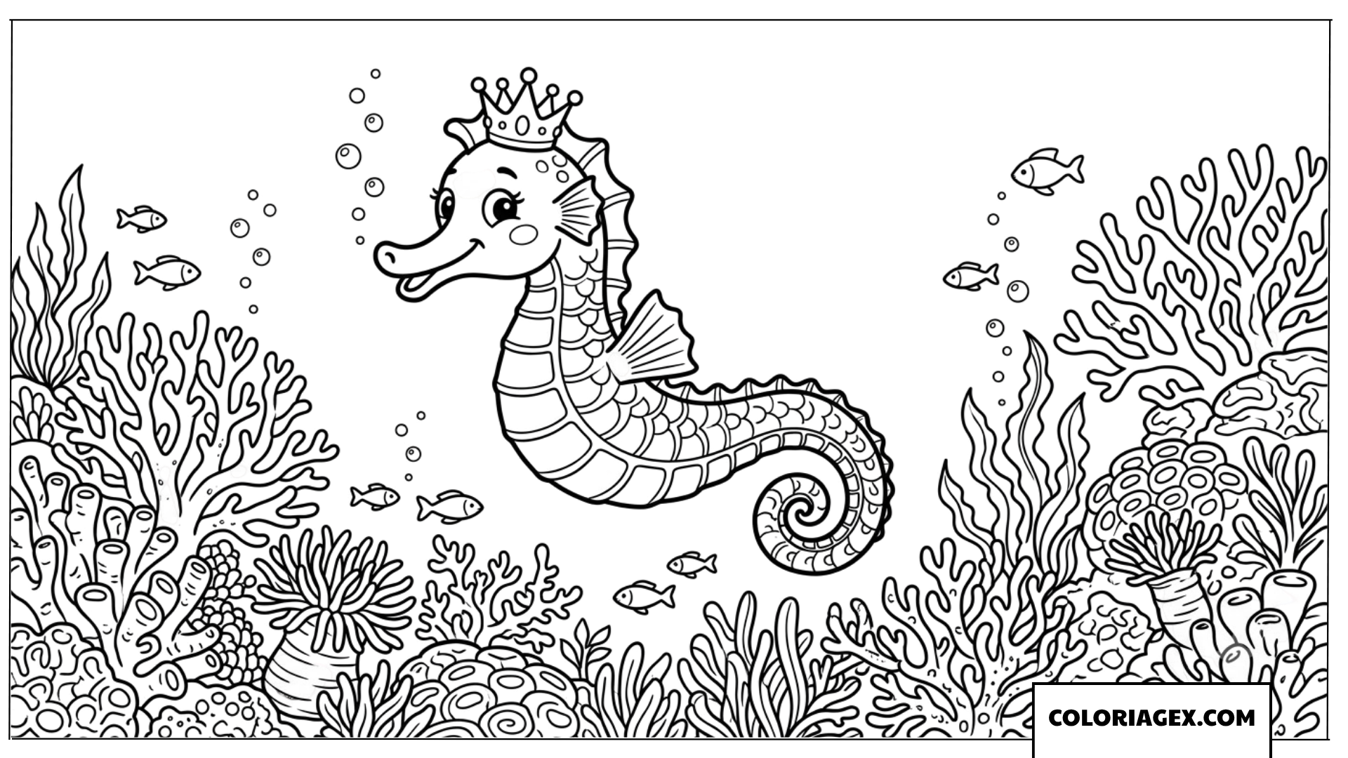 Coloriage hippocampe avec une couronne pres des coraux