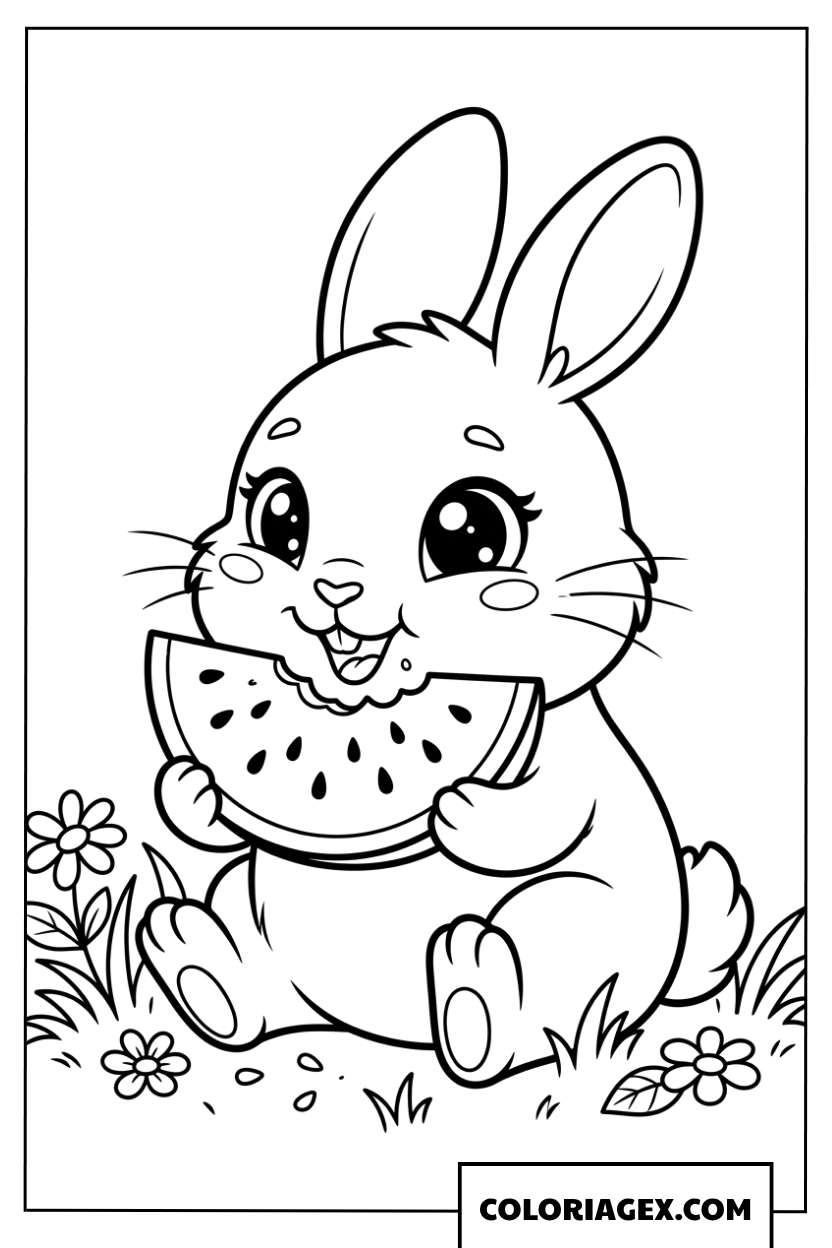 Coloriage lapin mignon mangeant pasteque