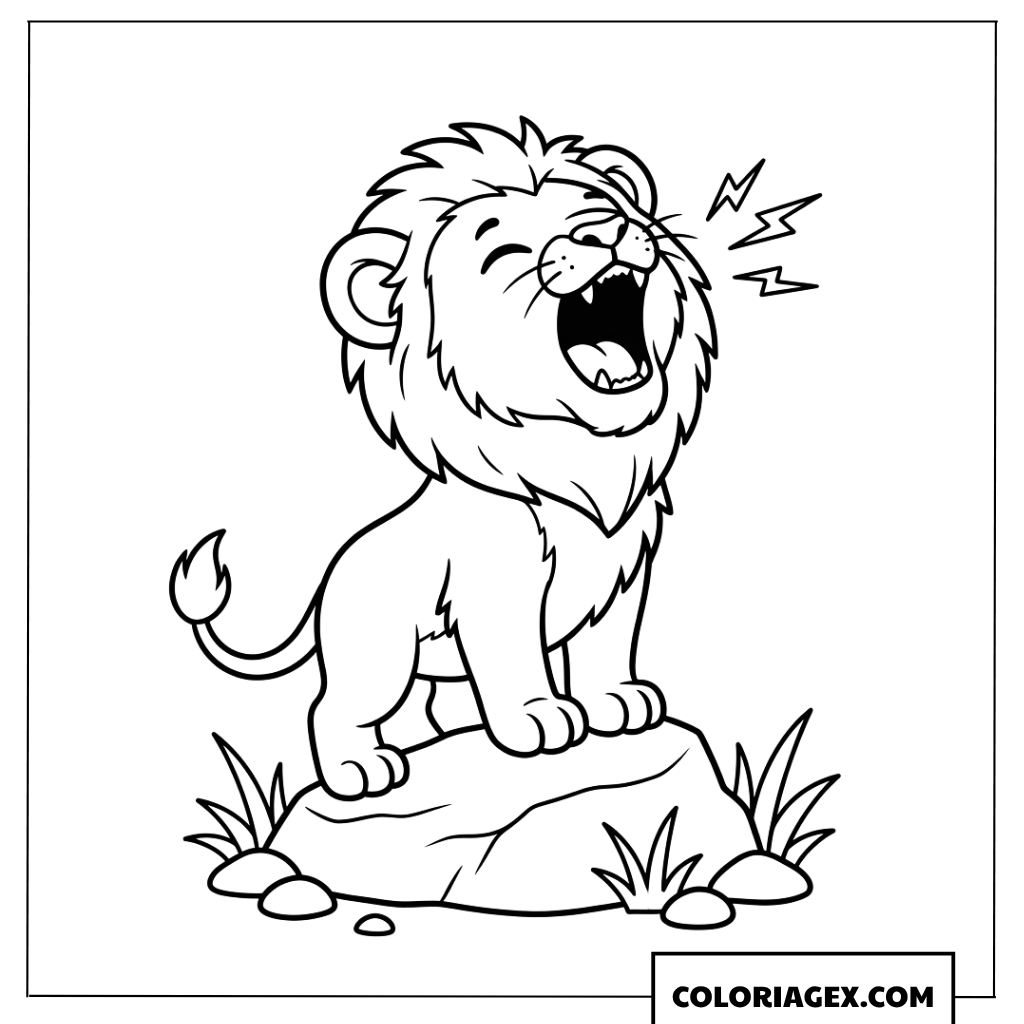 Coloriage lionceau s'exerçant a rugir sur un rocher