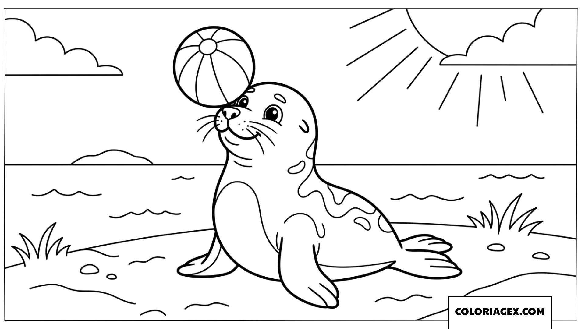 Dessin bebe phoque jonglant avec un ballon sur la plage