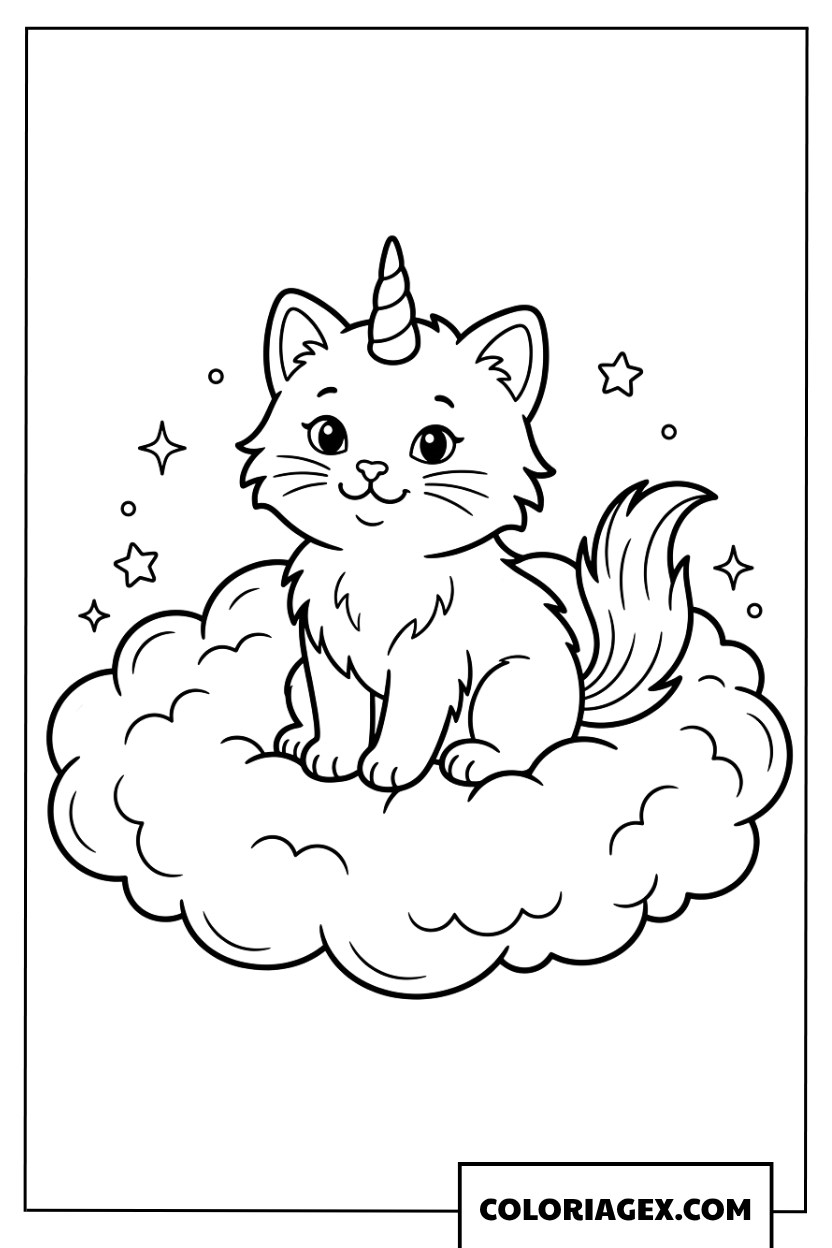 Dessin chat licorne assis sur un nuage