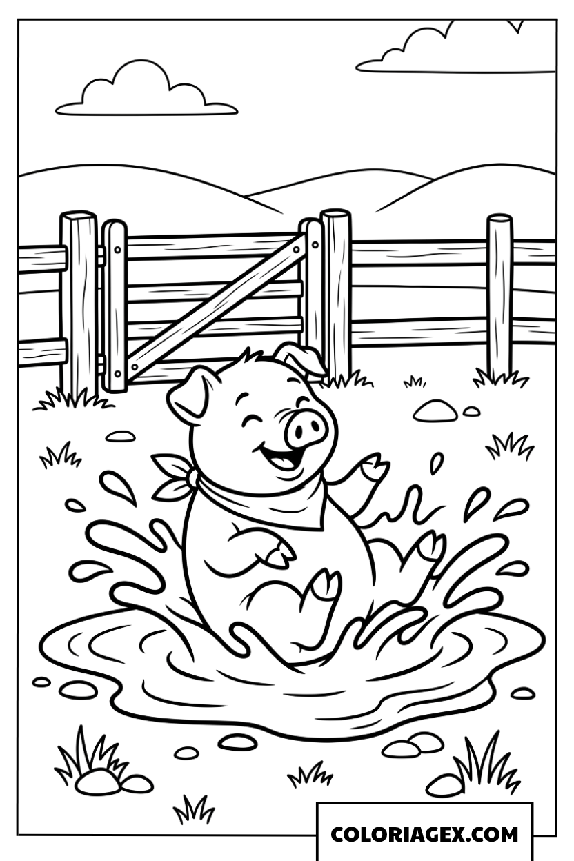 Dessin de cochon heureux jouant dans la boue